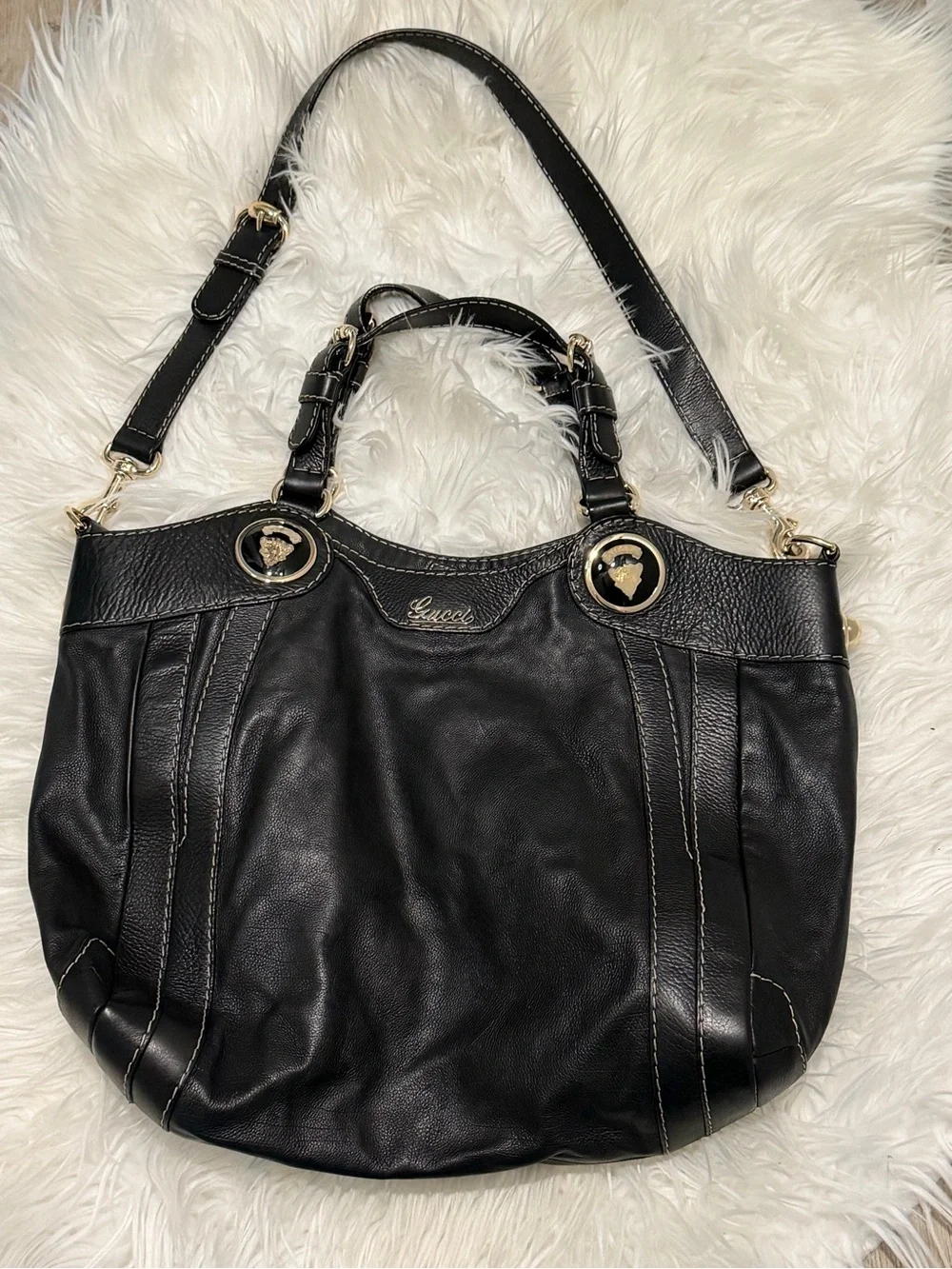 Authentic Gucci Black Leather Shoulder Bag with Gold Hardware
